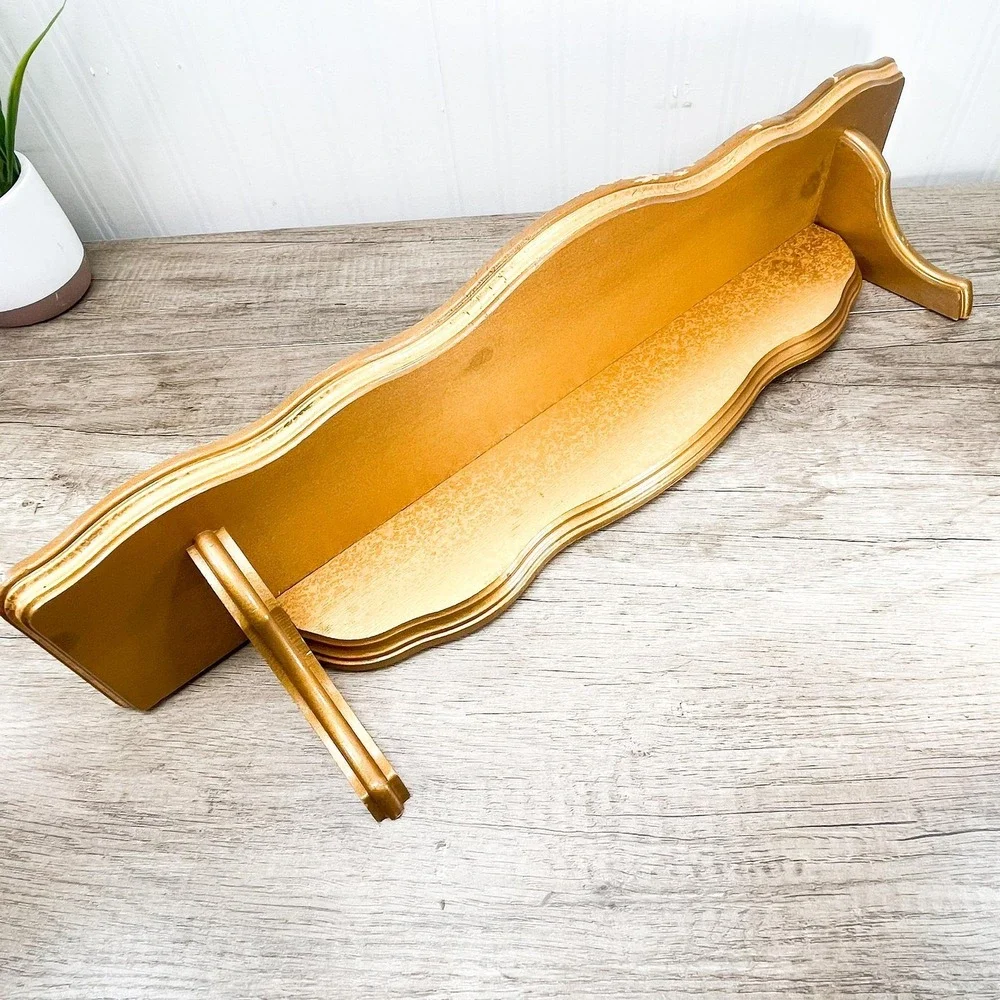 Vintage Gold Wooden Plate Shelf - Vintage Wood Curio